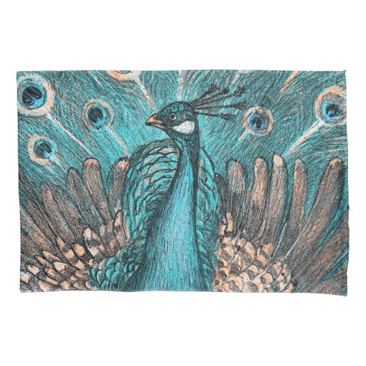 青い孔雀 枕カバー (正面)