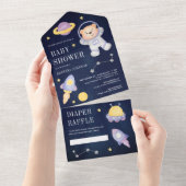 青い宇宙のテディベア宇宙飛行士ベビーシャワー オールインワン招待状 (貼ってはがせる)