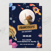 青い宇宙をテーマにした誕生日パーティーの招待状 招待状 (正面/裏面)