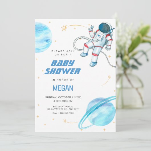 青い宇宙宇宙飛行士の赤ちゃんシャワー 招待状 (スタンド正面)