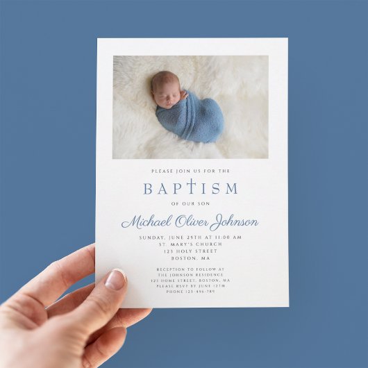 青い宗教十字少年の写真バプテスマ 招待状