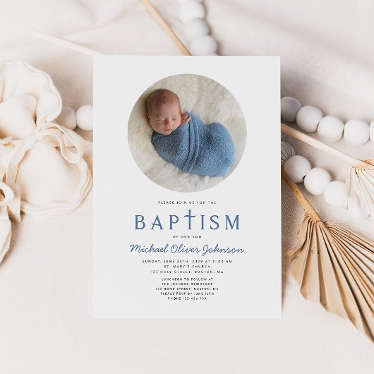 青い宗教十字架1フォトボーイバプテスマ 招待状