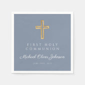 青い宗教的なクロスほこりっぽい男の子最初の聖餐式 スタンダードカクテルナプキン (正面)