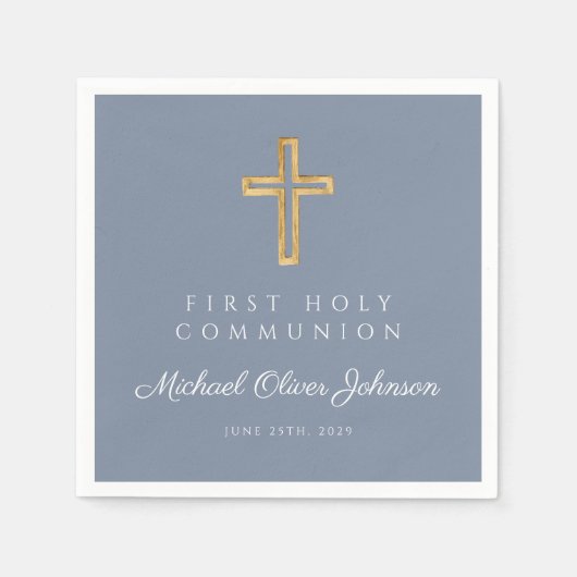青い宗教的なクロスほこりっぽい男の子最初の聖餐式 スタンダードカクテルナプキン (正面)