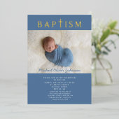 青い宗教的クロスボーイバプテスマ写真金ゴールド 箔招待状 (立ち正面)