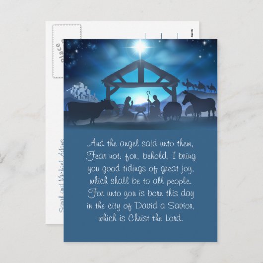 青い宗教的出生クリスマスグリーティングカード シーズンポストカード (正面/裏面)