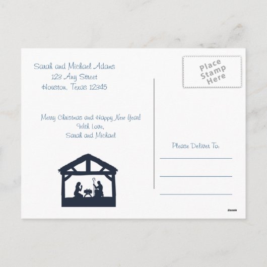 青い宗教的出生クリスマスグリーティングカード シーズンポストカード (裏面)