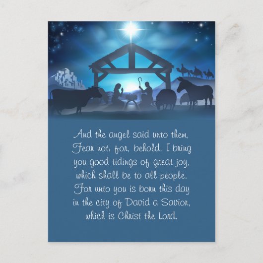 青い宗教的出生クリスマスグリーティングカード シーズンポストカード (正面)