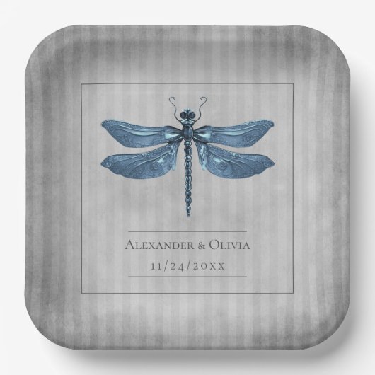 青い宝石で飾られたドラゴン結婚フライ ペーパープレート (正面)