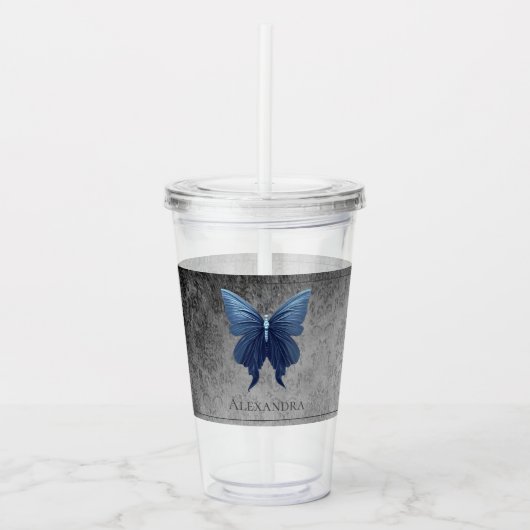 青い宝石を付けた蝶 アクリルタンブラー (正面)