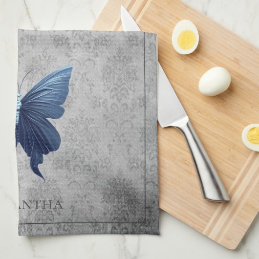 青い宝石を付けた蝶 キッチンタオル (四つ折り)