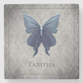 青い宝石を付けた蝶 ストーンコースター (正面)