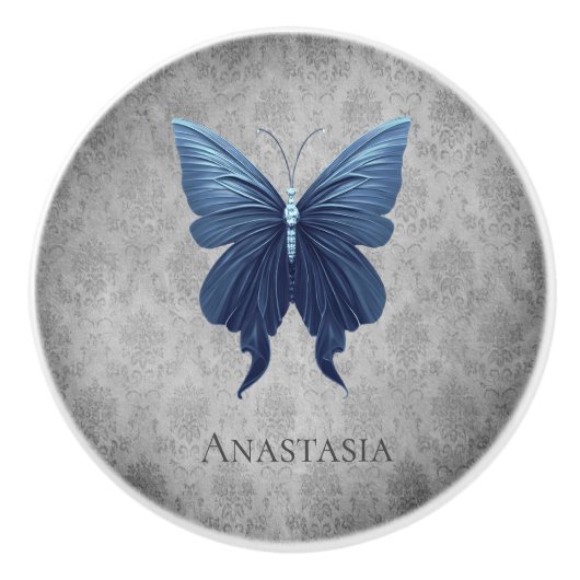 青い宝石を付けた蝶 セラミックノブ (正面)