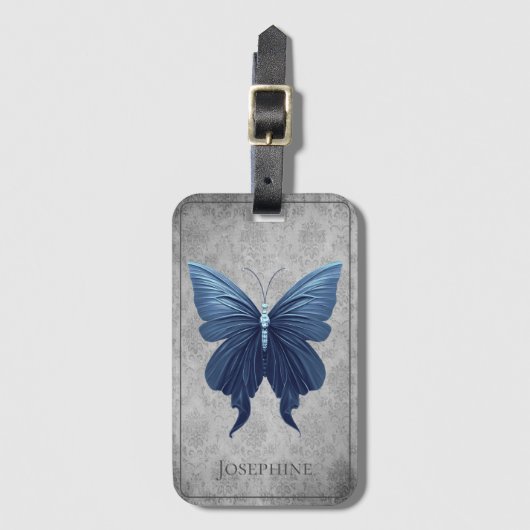 青い宝石を付けた蝶 ラゲッジタグ (正面縦)