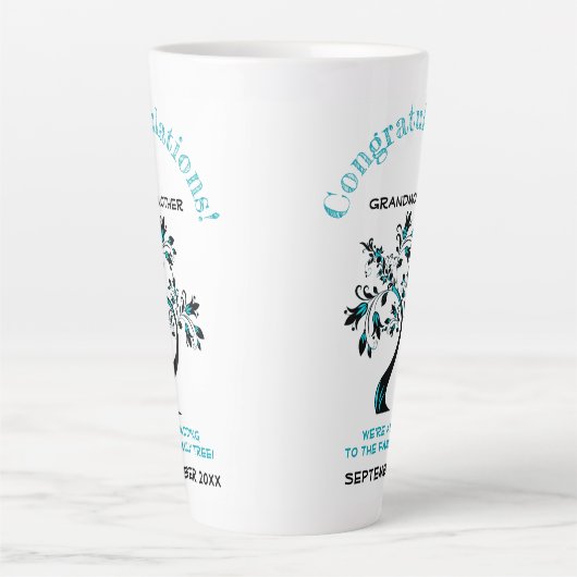 青い家族の木になる祖母のお知らせ カフェラテマグ (正面)