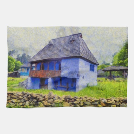 青い家絵画 キッチンタオル (横)