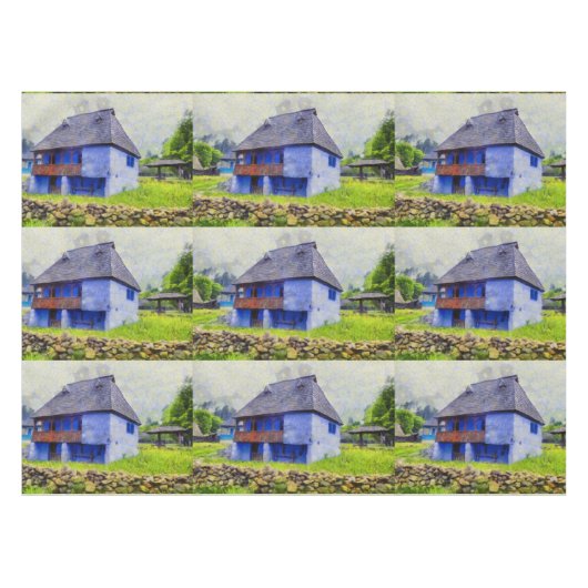 青い家絵画 テーブルクロス (正面(横))