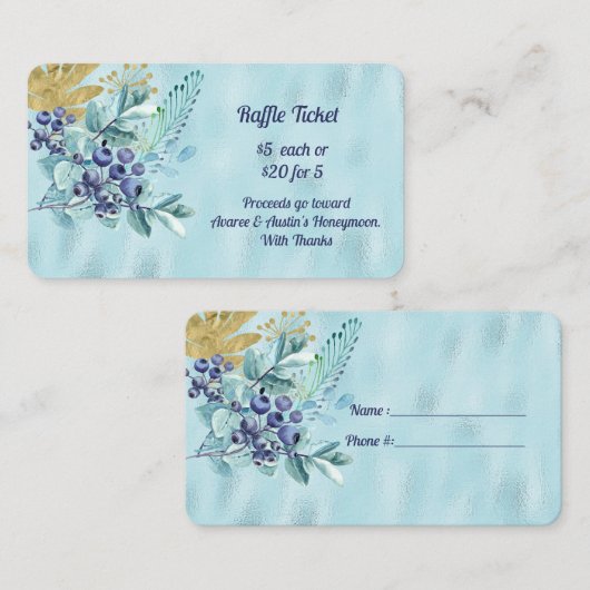 青い小さい実と金色の葉の青いホイルくじ エンクロージャーカード (正面/裏面)