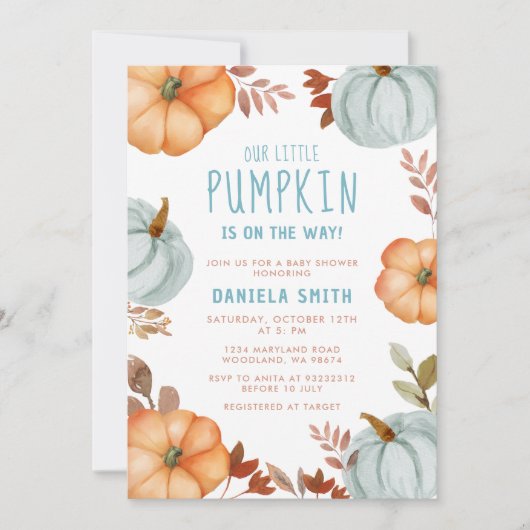 青い小さなかぼちゃが途中の男の子の赤ちゃんシャワー 招待状 (正面)