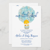 青い小さなひよこがハッチ男の赤ちゃんシャワー 招待状 (正面/裏面)