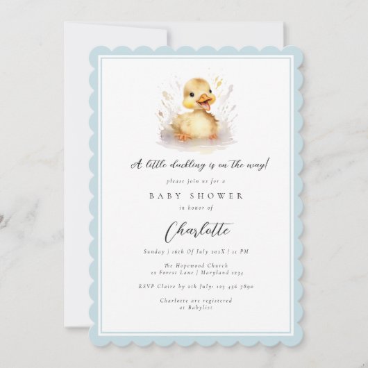 青い小さなアヒルの赤ちゃんシャワー 招待状 (正面)