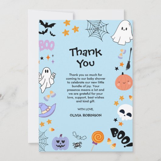 青い小さなブーかわいい幽霊ハロウィーン赤ちゃんシャワー サンキューカード (正面)