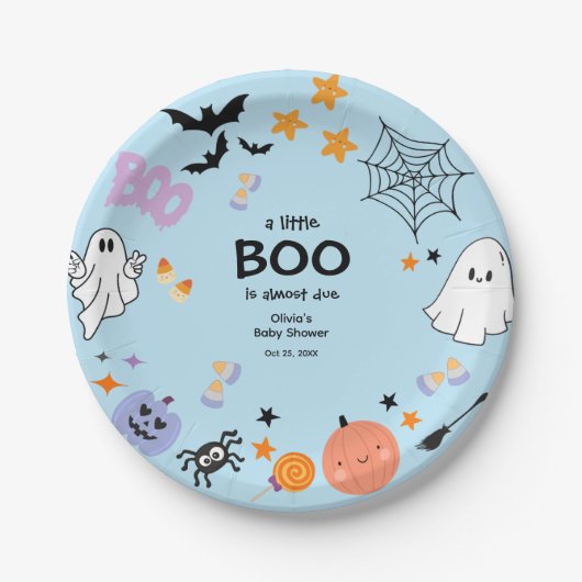 青い小さなブーかわいい幽霊ハロウィーン赤ちゃんシャワー ペーパープレート (正面)