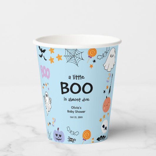 青い小さなブーかわいい幽霊ハロウィーン赤ちゃんシャワー 紙コップ (正面)