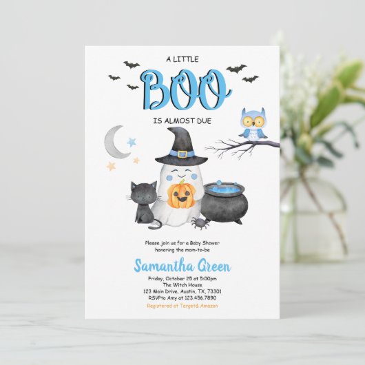 青い小さなブー赤ちゃんシャワー 招待状 (スタンド正面)