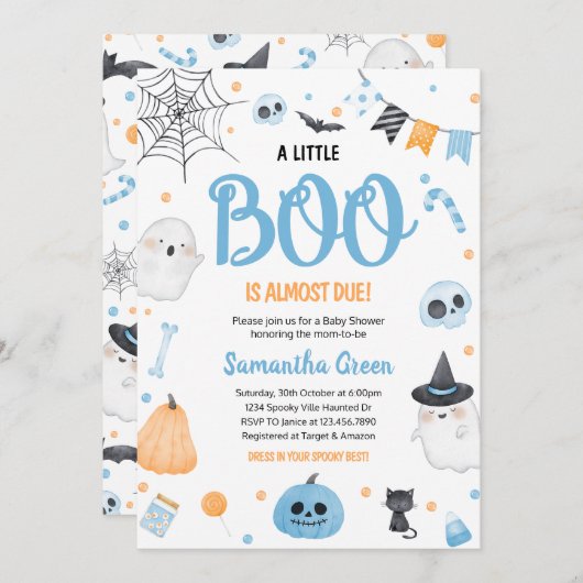 青い小さなブー赤ちゃんシャワー 招待状 (正面/裏面)