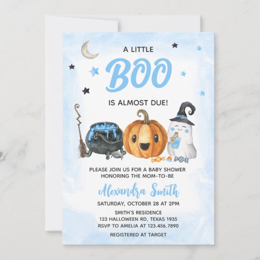 青い小さなブー赤ちゃんシャワー 招待状 (正面)