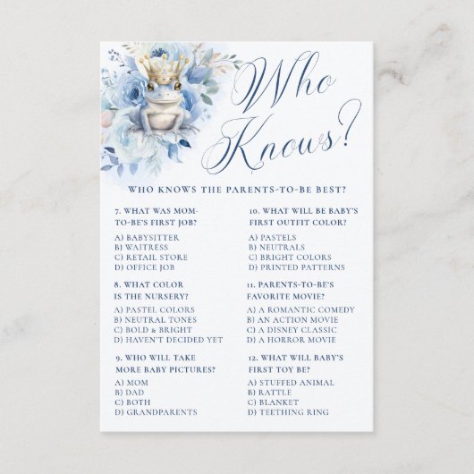 青い小さな王室の王子のシャワー誰が知ってる？ エンクロージャーカード (正面)