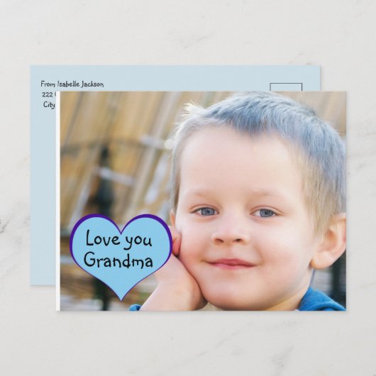 青い小さな男の子のハート「おばあちゃんが好き」 ポストカード (正面/裏面)