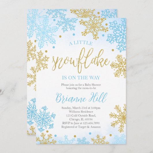 青い小さな雪の結晶のベビーシャワー 招待状 (正面/裏面)