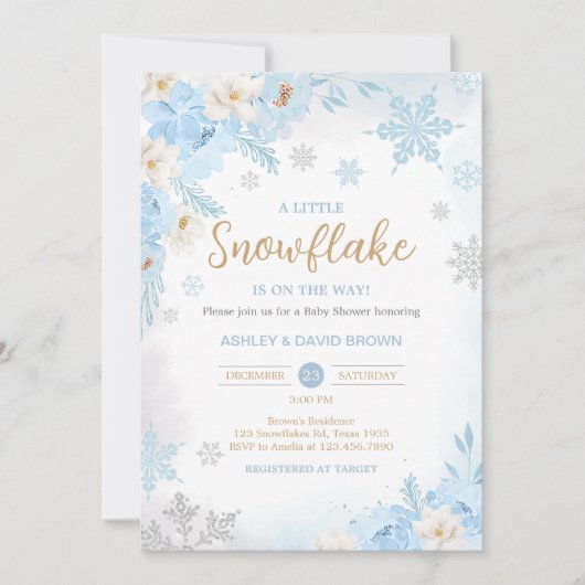 青い小さな雪の結晶のベビーシャワー 招待状 (正面)