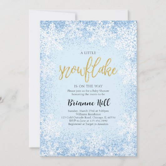 青い小さな雪の結晶のベビーシャワー 招待状 (正面)