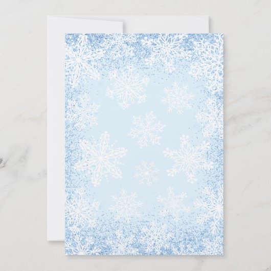 青い小さな雪の結晶のベビーシャワー 招待状 (裏面)
