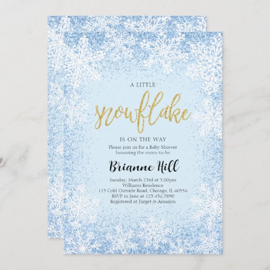 青い小さな雪の結晶のベビーシャワー 招待状 (正面/裏面)