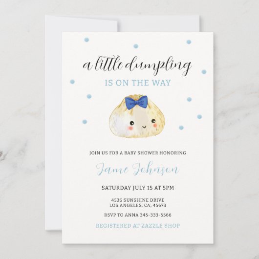 青い小さな餃子の途中の男の子のシャワー 招待状 (正面)