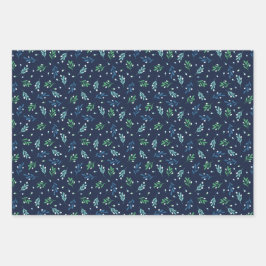 青い小枝と白いベリーのクリスマスパターン ラッピングペーパーシート