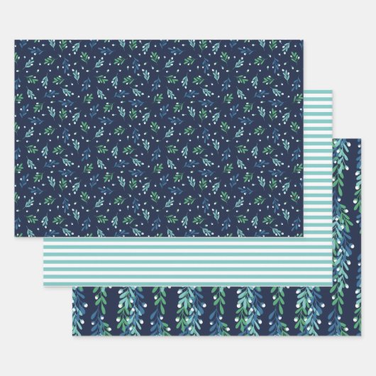 青い小枝と白いベリーのクリスマスパターン ラッピングペーパーシート (セット)
