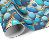 青い小石抽象芸術波金ゴールドアクセント ラッピングペーパー (ロールコーナー)