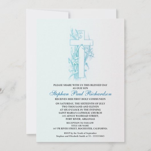 青い少年が聖体拝領する洗礼の招待状 招待状 (正面)