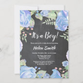 青い少年の赤ちゃんのシャワーフローラの黒板 招待状 (正面)