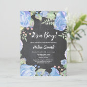 青い少年の赤ちゃんのシャワーフローラの黒板 招待状 (スタンド正面)