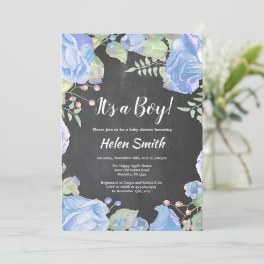 青い少年の赤ちゃんのシャワーフローラの黒板 招待状 (スタンド正面)