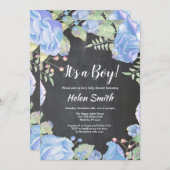 青い少年の赤ちゃんのシャワーフローラの黒板 招待状 (正面/裏面)