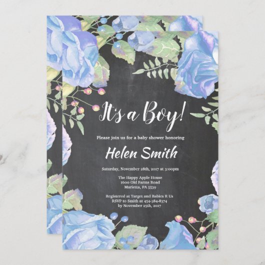 青い少年の赤ちゃんのシャワーフローラの黒板 招待状 (正面/裏面)