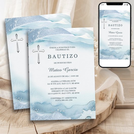 青い少年クロス baptismo 招待状