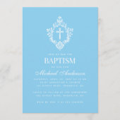 青い少年洗礼 クロス クレスト クラシック ヴィンテージ 招待状 (正面)
